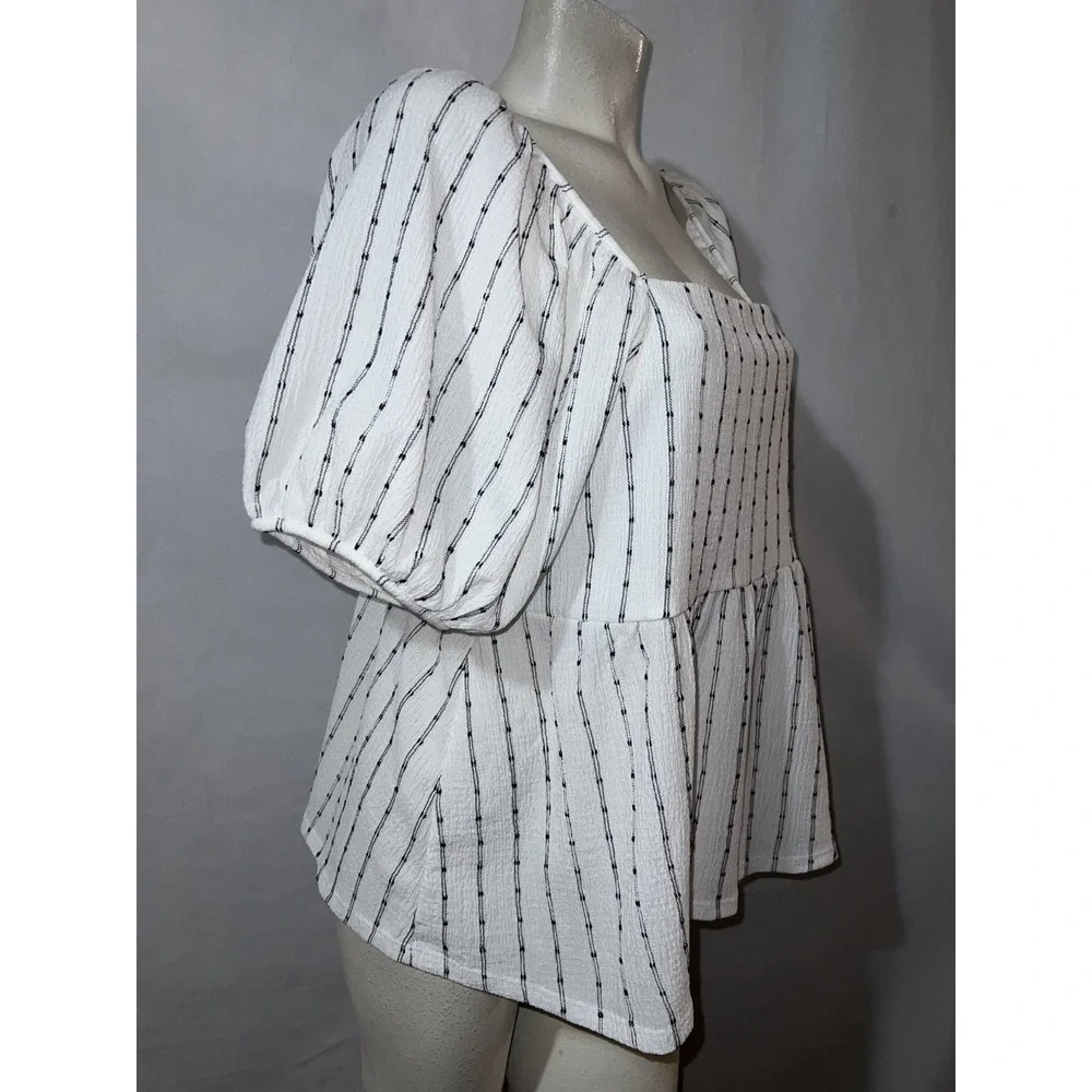 Madewell Top Womens Size XL White Black Square Neck Puff-Sleeve Stripe Shirt